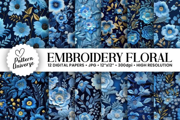 Reviewing Blue Embroidery Flowers Digital Papers
