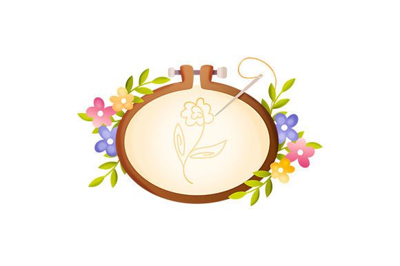 Reviewing Embroidery Frame Surrounded by Flowers
